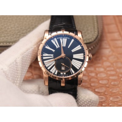 [PF공장]로저드뷔 엑스칼리버 42mm 18K 로즈골드 도금 블랙다이얼 가죽스트랩